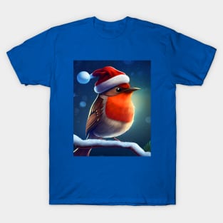 Christmas Robin Bird with a Santa Hat Sits on a Snowy Branch T-Shirt